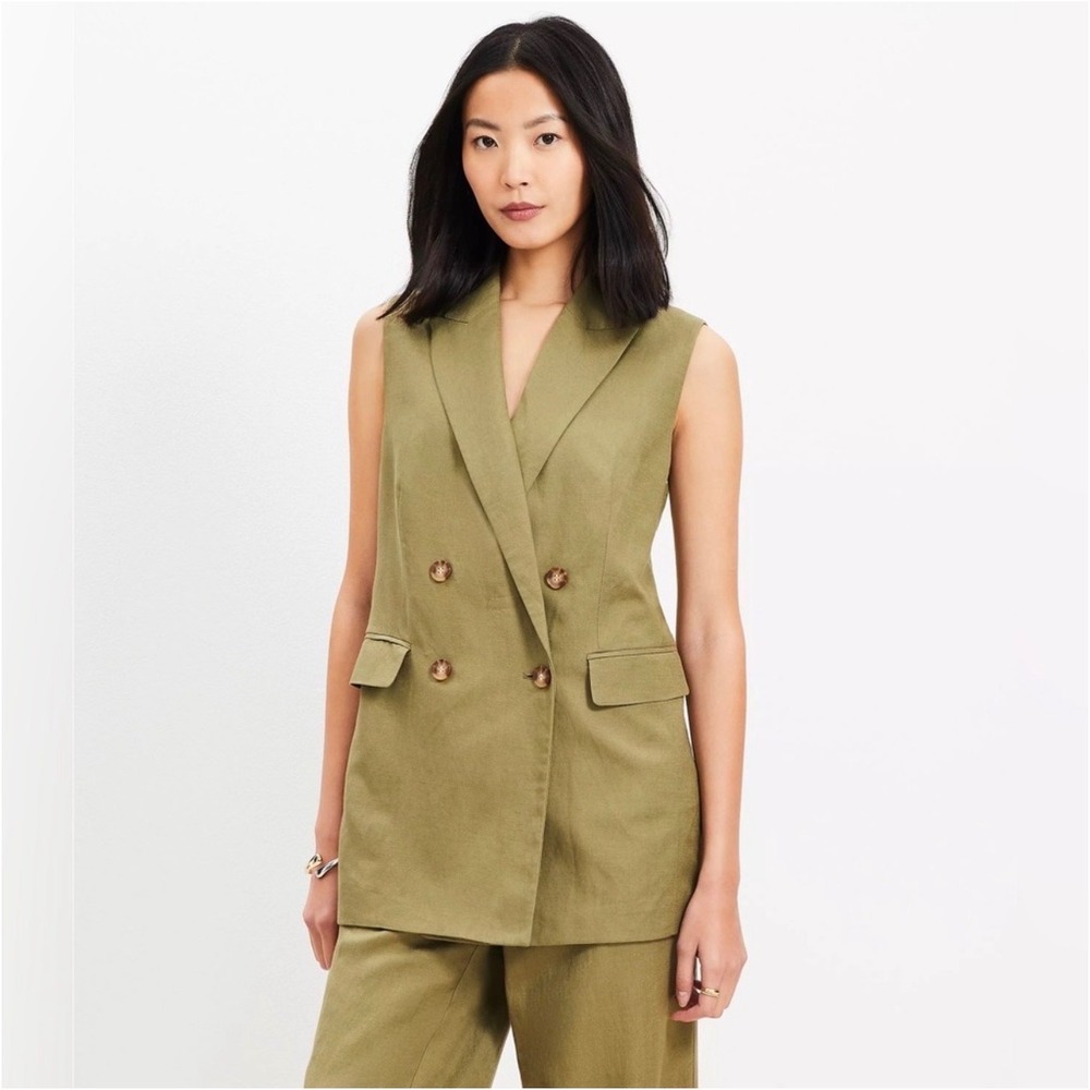 LOFT Women's Linen Blend Double Breasted Vest in Olive Size XL